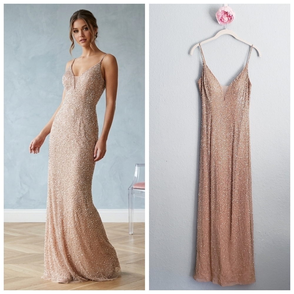 Sherri Hill Champagne Silk Embellished Formal Gown